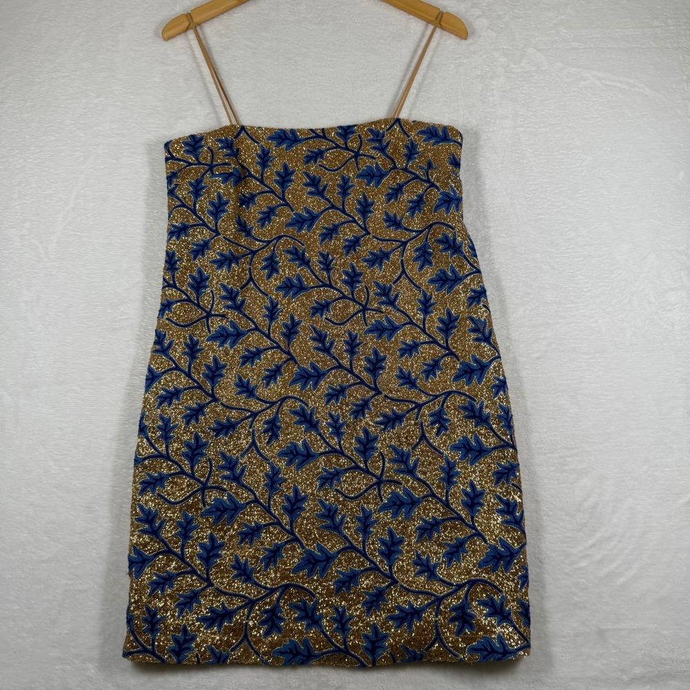 THE ODELLS Gold Blue Sequin Embroidered Leaf Mini‎ Dress Small W012-933